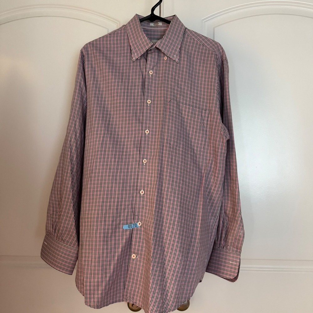 Peter Millar Mens Medium Button Down Shirt Pink Navy Blue Check Cotton